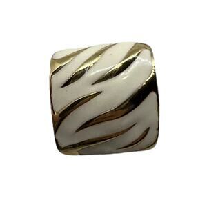 Vintage White Enamel Gold Tone Clip-On Earring Zebra Stripe Square Design